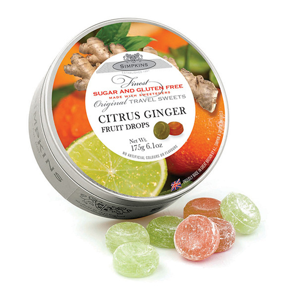 Simpkins Sugar Free Citrus & Ginger Fruit Drops 175g Tin Sweets Candy ...
