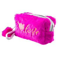 Lulu Grace Furry Pink Love Print Design Cosmetic Bag With Pom Pom