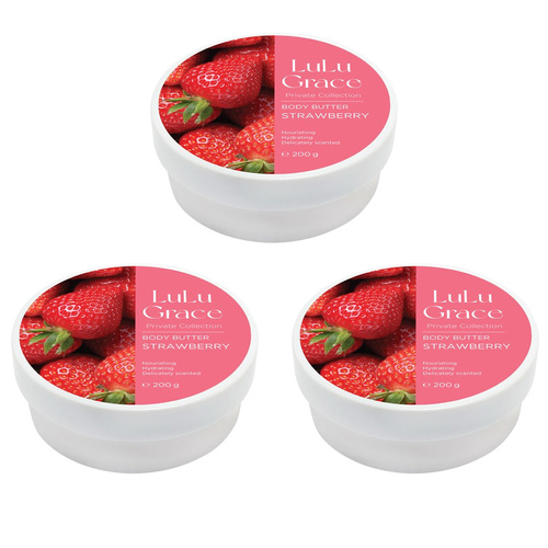 Lulu Grace 3 x  Body Butter Strawberry Super-Rich Cream Skin Moisturiser 200g