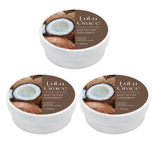 Lulu Grace 3 x Body Butter Coconut Super-Rich Cream Skin Moisturiser 200g