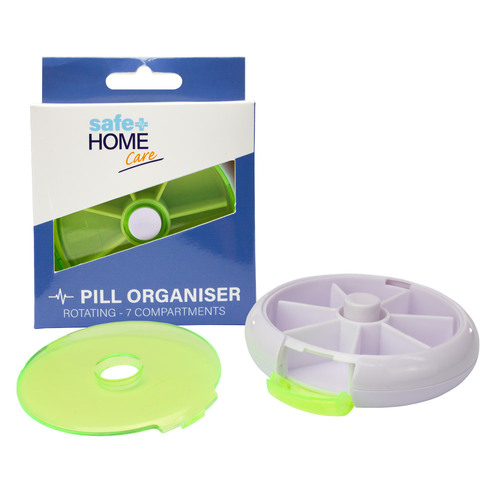 Safe Home Care 7 Day Round Push Button Rotating Pill Box 9 x 2cm - Random Colour