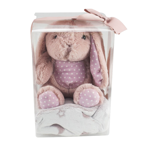 Baby Blanket And Plush Toy Gift Set In A Dusty Pink Bunny Design