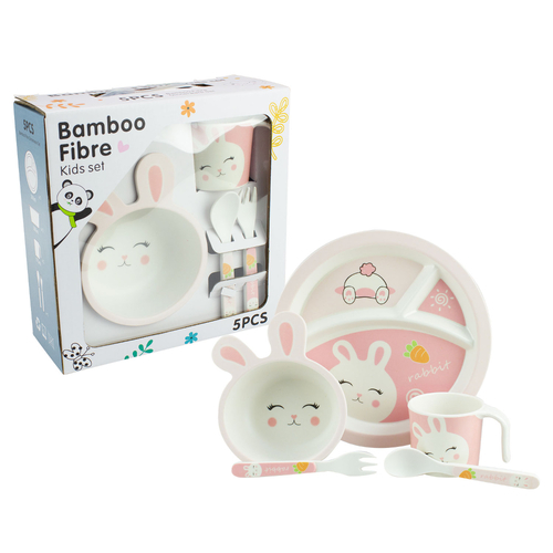 Bamboo Fiber Kids 5 Piece Dinning Set With Bunny Design And Pink Color