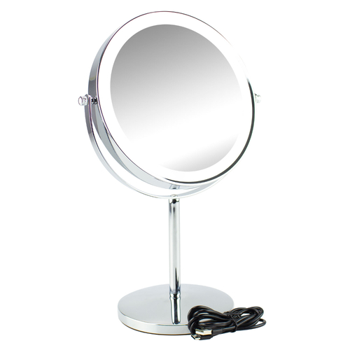 LED Round Mirror Rechargeable Silver Metal Self Standing Rotatable