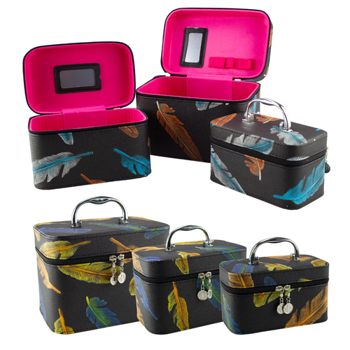 Lulu Grace Rectangle Feather Pattern PU 3 Piece Beauty Case Large Medium Small