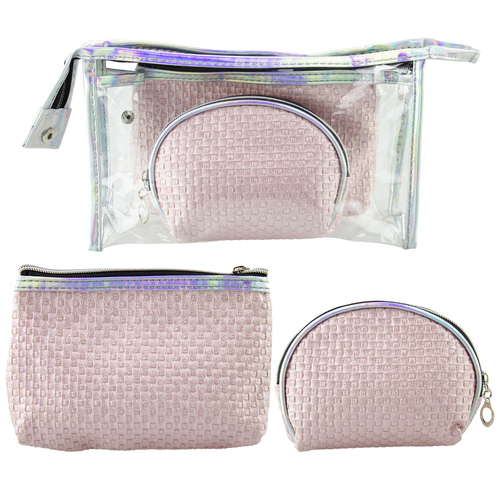 Lulu Grace 3 Piece Cosmetic Bag Set Clear And Pink With Floral Design