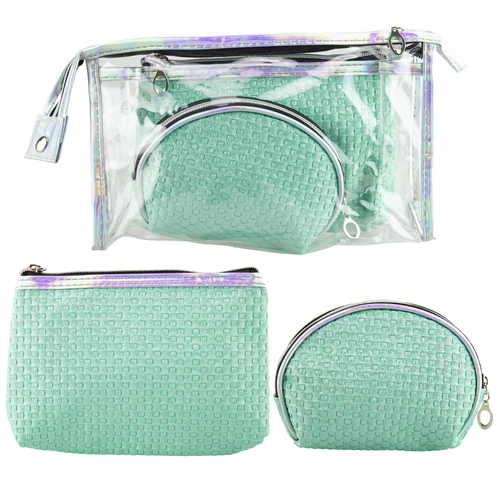 Lulu Grace 3 Piece Cosmetic Bag Set Clear And Mint With Floral Design