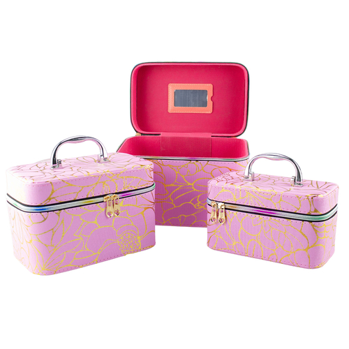 Lulu Grace 3 Piece Cosmetic Bag Set Lilac With Floral Design And Carry Handle