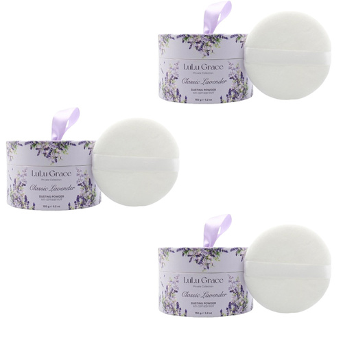 Lulu Grace 3 x  150gm Classic Lavender Dusting Powder with Puffer (Talc Free)