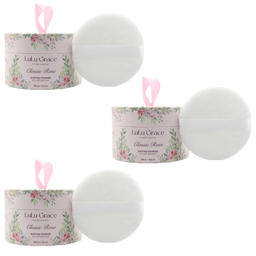 Lulu Grace 3 x  150gm Classic Rose Dusting Powder with Puffer (Talc Free)