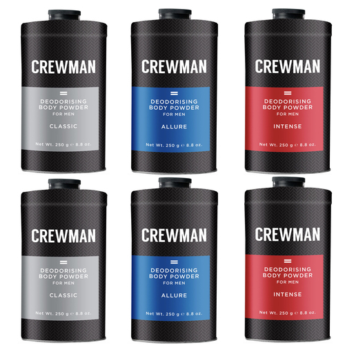 Crewman Mens Mixed 6 Pack 250g Talc Free Body Powder Classic Allure and Intense