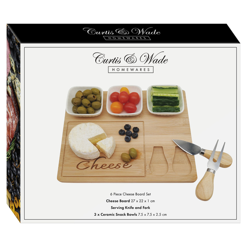 Curtis & Wade 6 Piece Gift Set Cheese Board Cheese Knife Fork 3 Ceramic Bowls