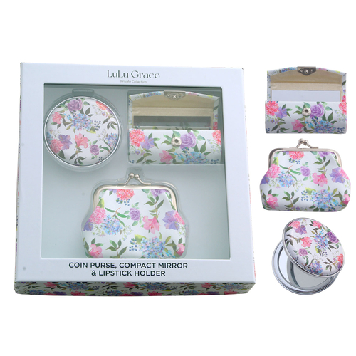 Lulu Grace 3 Piece Gift Set Floral Bouquet Coin Purse Lipstick Holder And Mirror