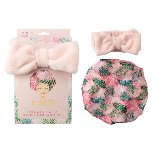 Beauty & Me Bath Headband And Shower Cap Gift Set Pink Design 