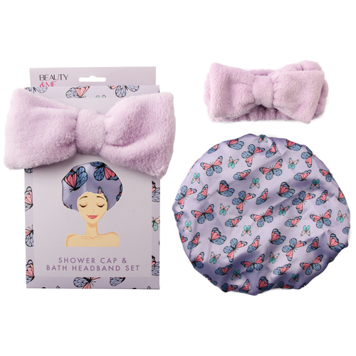 Beauty & Me Bath Headband And Shower Cap Gift Set Purple Design 