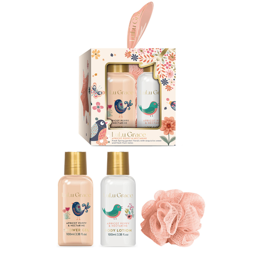 Lulu Grace 3 Piece Gift Set Apricot Poppy Nectarine Shower Gel Body Lotion Loofa