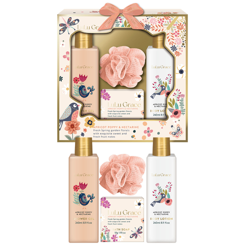 Lulu Grace 4 Piece Luxury Bathing Gift Set Apricot Poppy And Nectarine Design