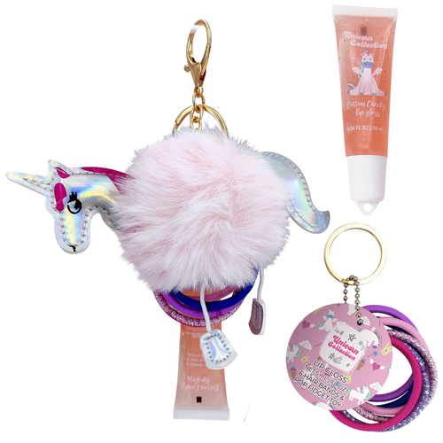 Unicorn Gift Set With Keychain Pop Fidget Toy 6 x Hair Bands And 10ml Lip Gloss