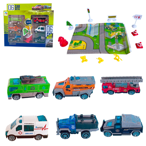 Kids 6 Metal Toy Cars Traffic Signs Road Play Mat Play Set 23 x 17.5 x 4.5cm