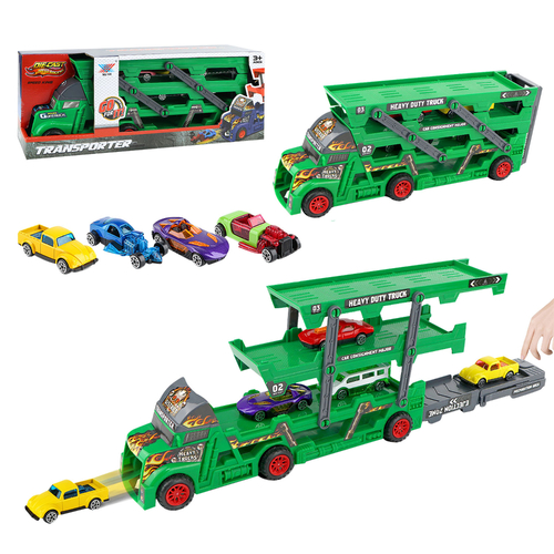 Kids Diecast Speed Racing Transporter Truck With 4 Alloy Cars