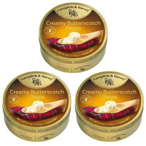 Cavendish and Harvey 3 x Creamy Butterscotch Drops 175g Tin Sweets C&H Candy Lollies