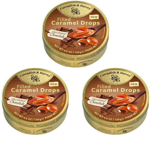 Cavendish and Harvey 3 x Caramel With Chocolate Drops 130g Tin Sweets Candy Lollies