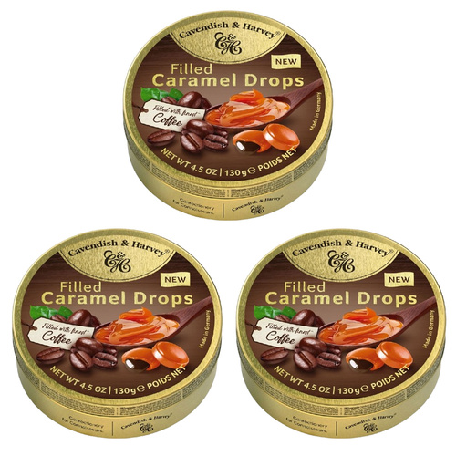 Cavendish and Harvey 3 x Caramel With Coffee Drops 130g Tin Sweets Candy Lollies