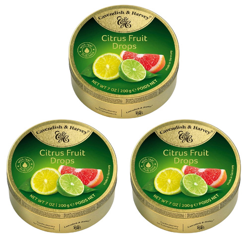 Cavendish and Harvey 3 x Citrus Fruit Drops 200g Tin Sweets C&H Candy Lollies