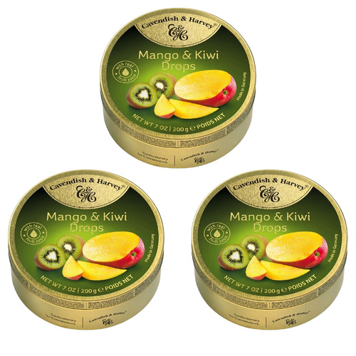 Cavendish and Harvey 3 x Mango & Kiwi Drops 200g Tin Sweets C&H Candy Lollies