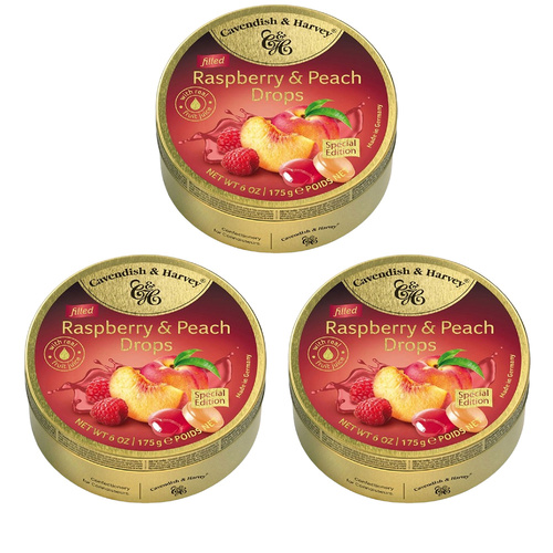 Cavendish and Harvey 3 x Raspberry & Peach Drops 175g Tin Sweets C&H Candy Lollies