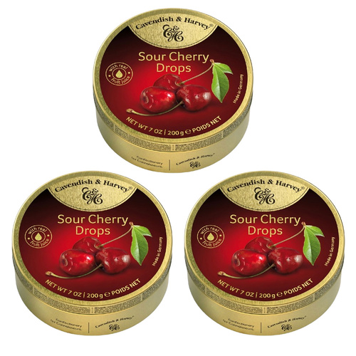 Cavendish and Harvey 3 x Sour Cherry Drops 200g Tin Sweets C&H Candy Lollies