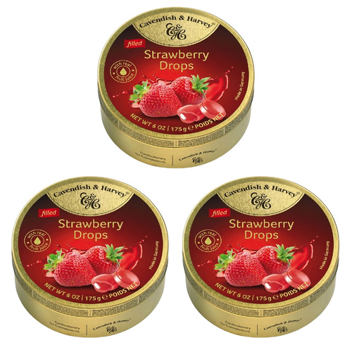 Cavendish and Harvey 3 x Strawberry Drops 175g Tin Sweets C&H Candy Lollies