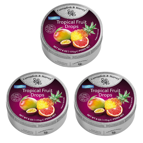 Cavendish and Harvey 3 x Tropical Fruit Drops 175g Tin Candy Lollies Sugar Free C&H