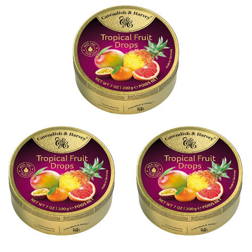 Cavendish and Harvey 3 x Tropical Fruit Drops 200g Tin Sweets C&H Candy Lollies