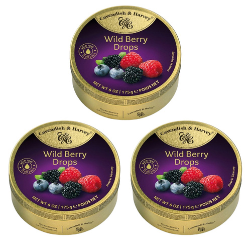 Cavendish and Harvey 3 x Wild Berry Drops 175g Tin Sweets C&H Candy Lollies