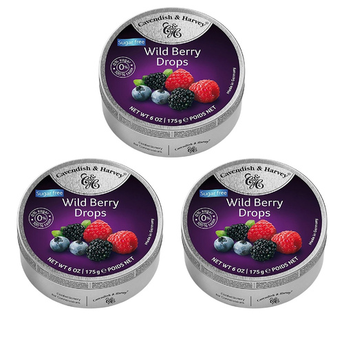 Cavendish & Harvey 3 x Tin Sweets 175g Sugar Free Wild Berry