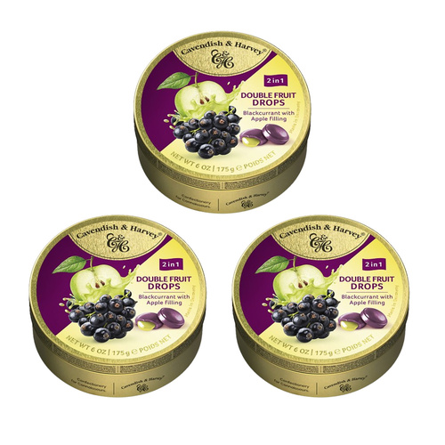 Cavendish and Harvey 3 x Double Fruit Blackcurrant Drops Filled With Apple 175gm Tin Sweets