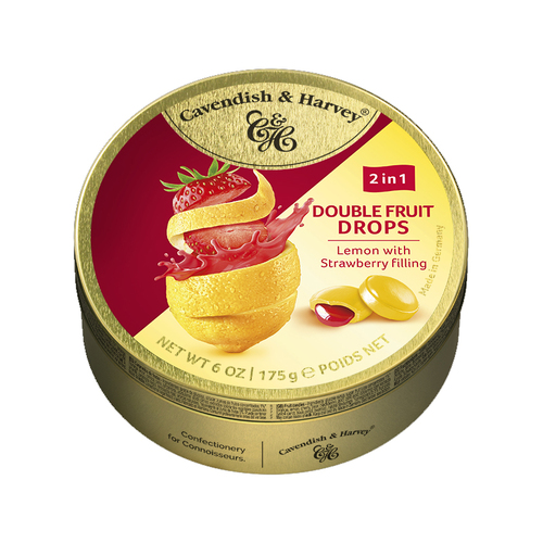 Cavendish and Harvey Double Fruit Lemon Drops Filled With Strawberry 175gm Tin Sweets