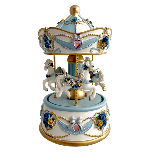 Carousel 3 Horse Classic Music Box Petite Blue 9.5x9.5x14.5cm