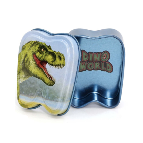 Dino World Small Tooth Shaped Tooth Fairy Tin Green Dinosaur