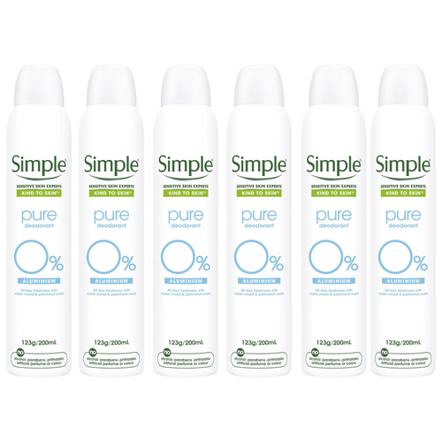 Simple Pure Deodorant Spray Aluminium Free 123g 200ml x 6 Value Pack