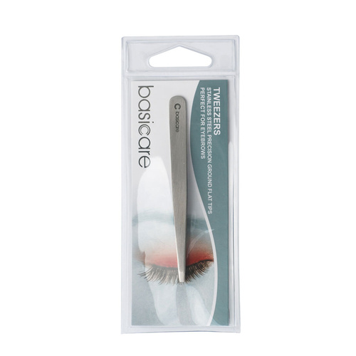 Basicare Tweezers Satin Flat Tip Stainless Steel 9cm