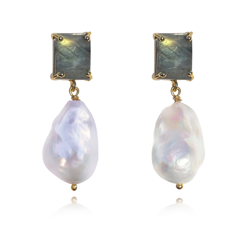 Culturesse Carlotta 24K Baroque Pearl Drop Earrings (Labradorite Crystal)