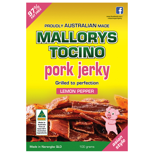 Mallorys Tocino Lemon Pepper Pork Jerky 100g (for Human Consumption)