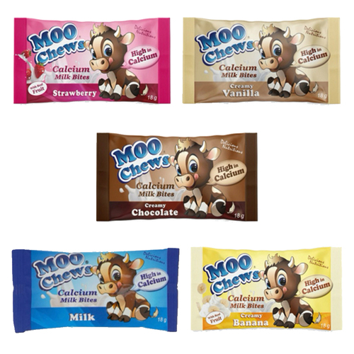 Moo Chews Creamy Calcium Milk Bites Healthy Kids Snacks Mixed Flavours 5 x Packs 15