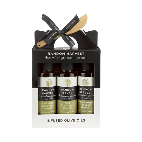 Random Harvest Infused Olive Oils Gift Set Garlic Basil, Chilli, Lemon Pepper