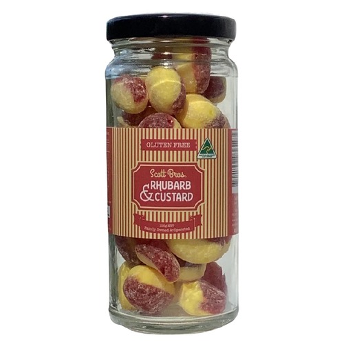 Scott Bros Candy Vintage Rhubarb and Custard Boiled Sweets Jar 155g Aust Made