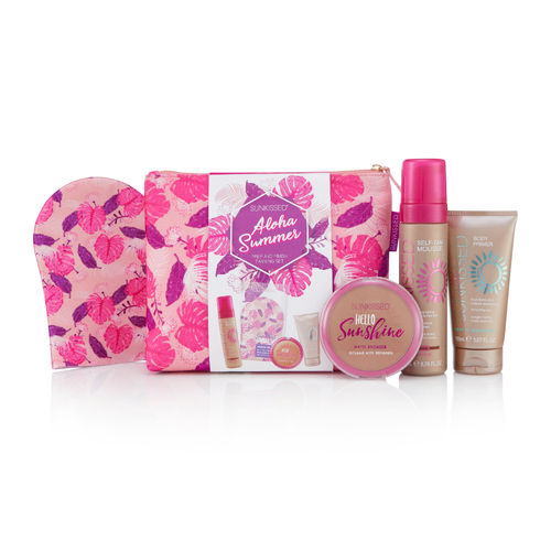 Sunkissed Aloha Tanning Set Mousse 200ml Bronzer 12g Primer 150ml Mitt And Bag