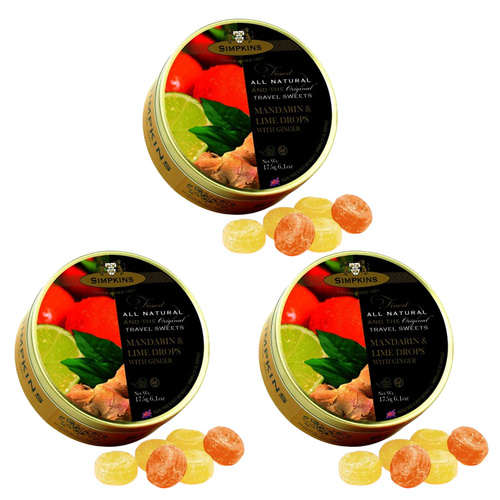 Simpkins 3 x Mandarin Lime and Ginger Drops 200g Tin Sweets Candy Lollies