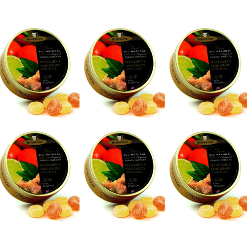 6 x Simpkins Mandarin Lime and Ginger Drops 200g Tin Sweets Candy Lollies